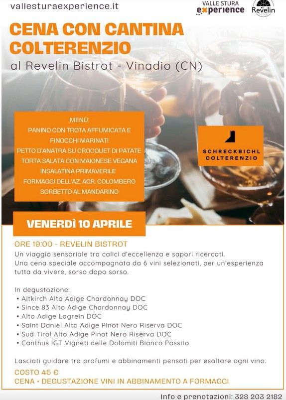 CENA CON CANTINA COLTERENZIO - via Nazionale 2 (Revelin Bistrot), Vinadio (CN) - Un viaggio sensoriale tra le vette dell’Alto Adige e i sapori della Valle Stura. 🏔️🍷
Venerdì 10 Aprile, il Revelin Bistrot ospita una serata esclusiv...