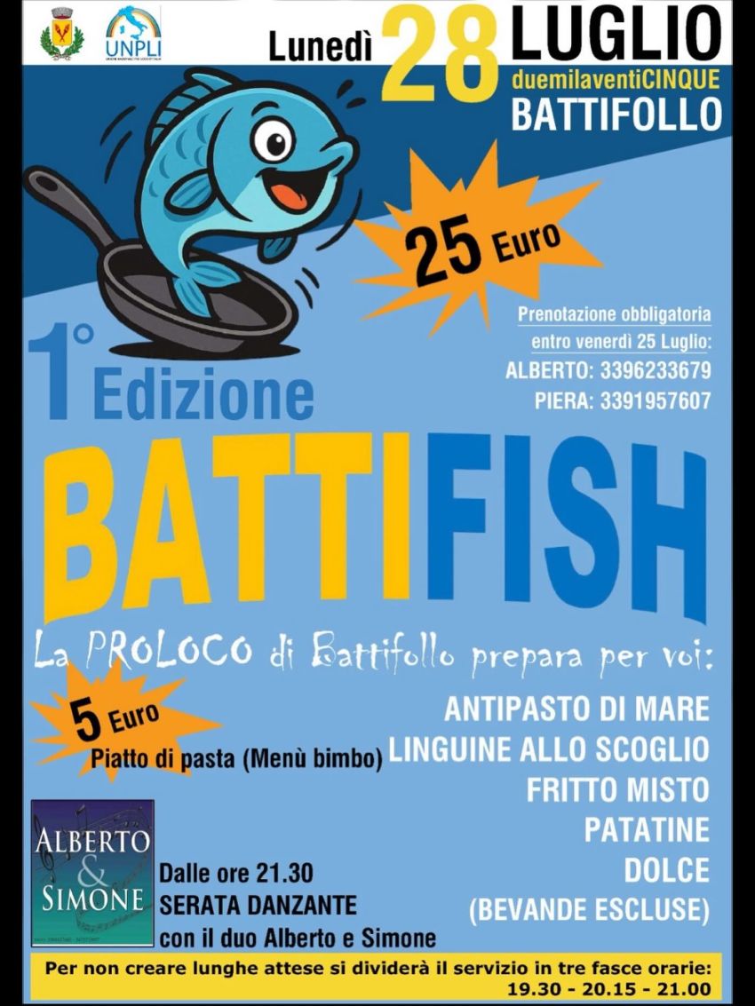 BATTIFISH - 1a edizione - Centro città di Battifollo, Battifollo (CN) - ‼️ 28 LUGLIO 2025 ‼️La Pro Loco di Battifollo vi prepara i pesci!!ANTIPASTO DI MARELINGUINE ALLO SCOGLIOFRITTO MISTOPATATINEDOLCE(BEVANDE ESCLUSE)Aper...