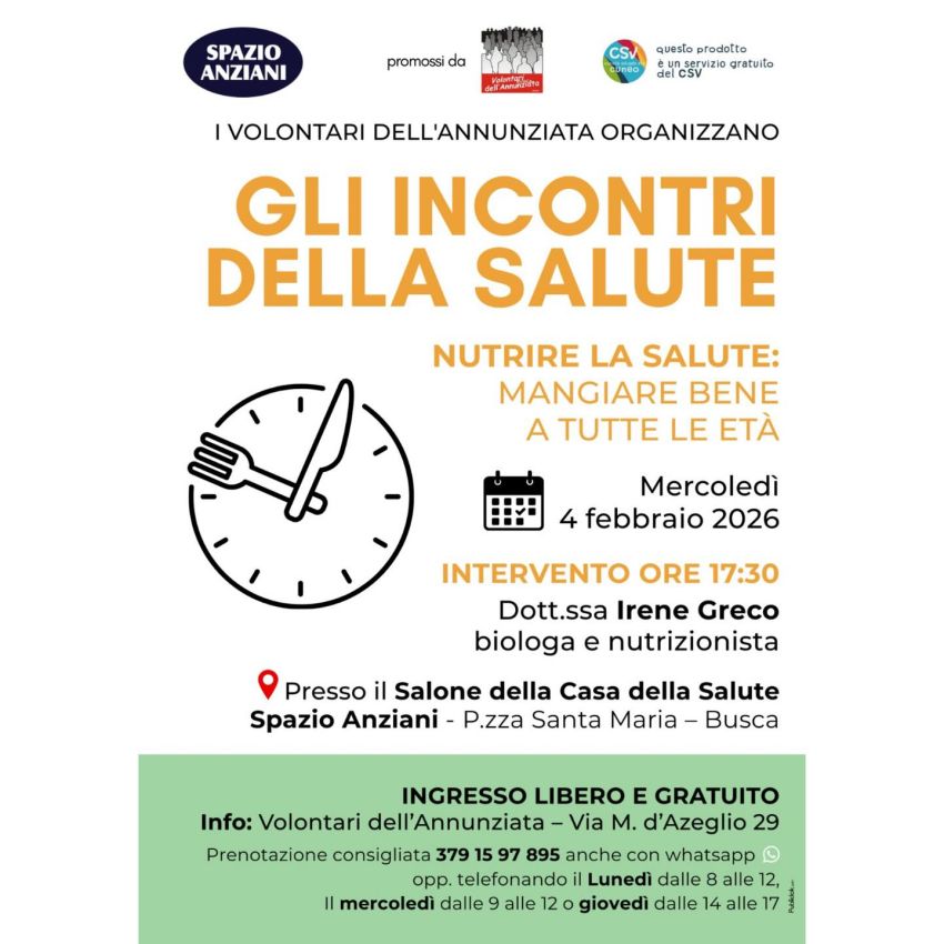 Nutrire la Salute: Incontro Gratuito sull'Alimentazione a Busca con la Dott.ssa Irene Greco - GLI INCONTRI DELLA SALUTE - Piazza Santa Maria, Busca (CN) - Ti sei mai chiesto come migliorare il tuo benessere partendo dalla tavola? L’associazione I Volontari dell’Annunziata organizza un nuovo appuntamento...