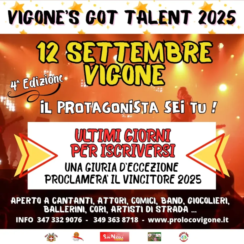 VIGONE'S GOT TALENT 2025 - CENTRO, Vigone (TO) - SETTEMBRE SI AVVICINA!!💪 NOI SIAMO PRONTI!!!😀 TU VUOI ESSERE PROTAGONISTA PER UNA SERA????🏆 UNA GIURIA D'ECCEZIONE PROCLAMERÀ IL TALENTO DELL'ANNO!...