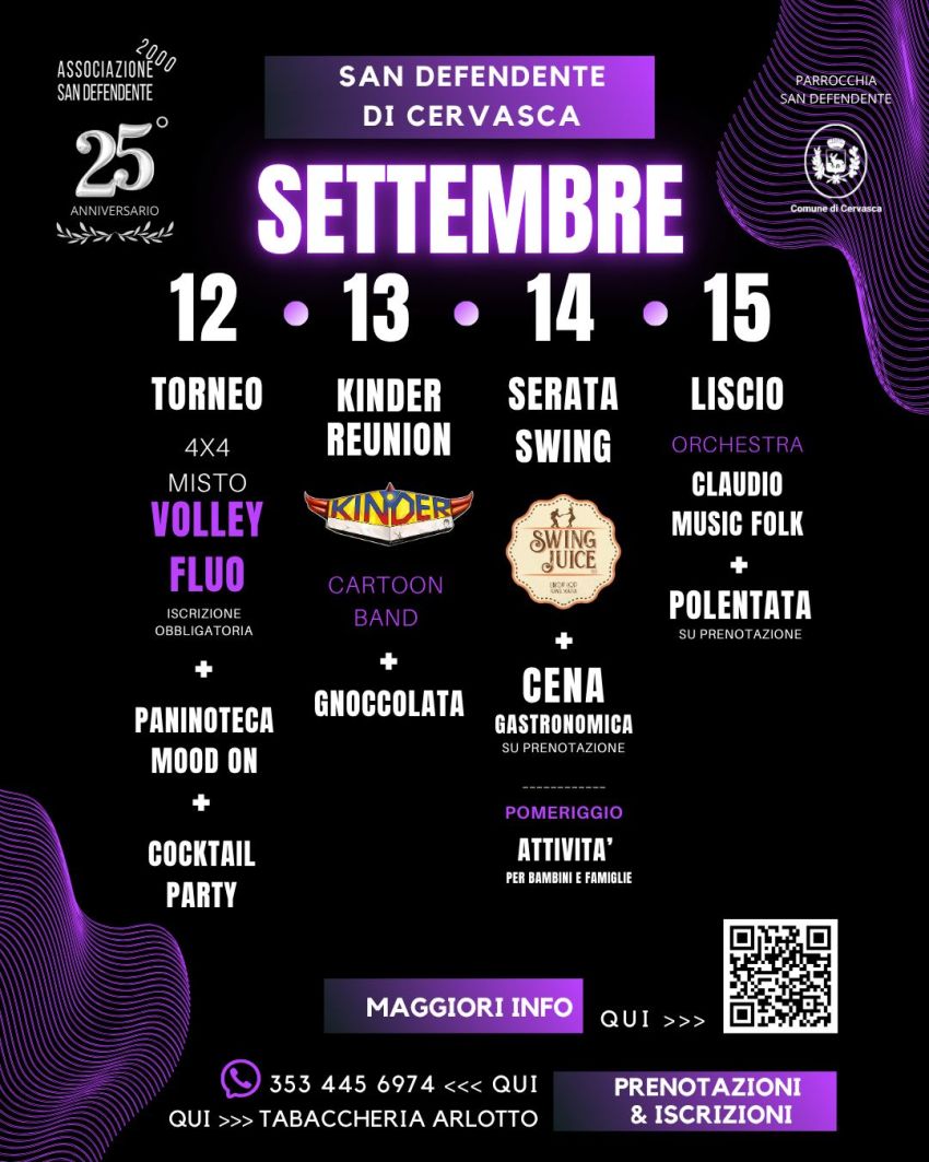 Festa 12-13-14-15 Settembre - San Defendente di Cervasca - San Defendente di Cervasca, Cervasca (CN) - 
 


#Sande25𝟮𝟱° 𝗮𝗻𝗻𝗶𝘃𝗲𝗿𝘀𝗮𝗿𝗶𝗼 dell'Associazione @sandefendente2000 🍾Iscrizioni e prenotazioni aperte 🚀Messaggi whatsapp al numero 👇🏼+39 353 445697...