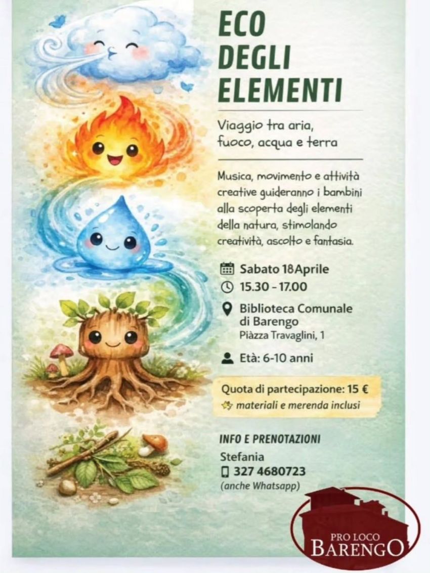 Eco degli Elementi - Piazza Travaglini 1 (sala polivalente), Barengo (NO) - Eco degli Elementi, un laboratorio creativo dove musica, movimento e attività si fondono per scoprire i segreti della natura: sarà un’occasione specia...