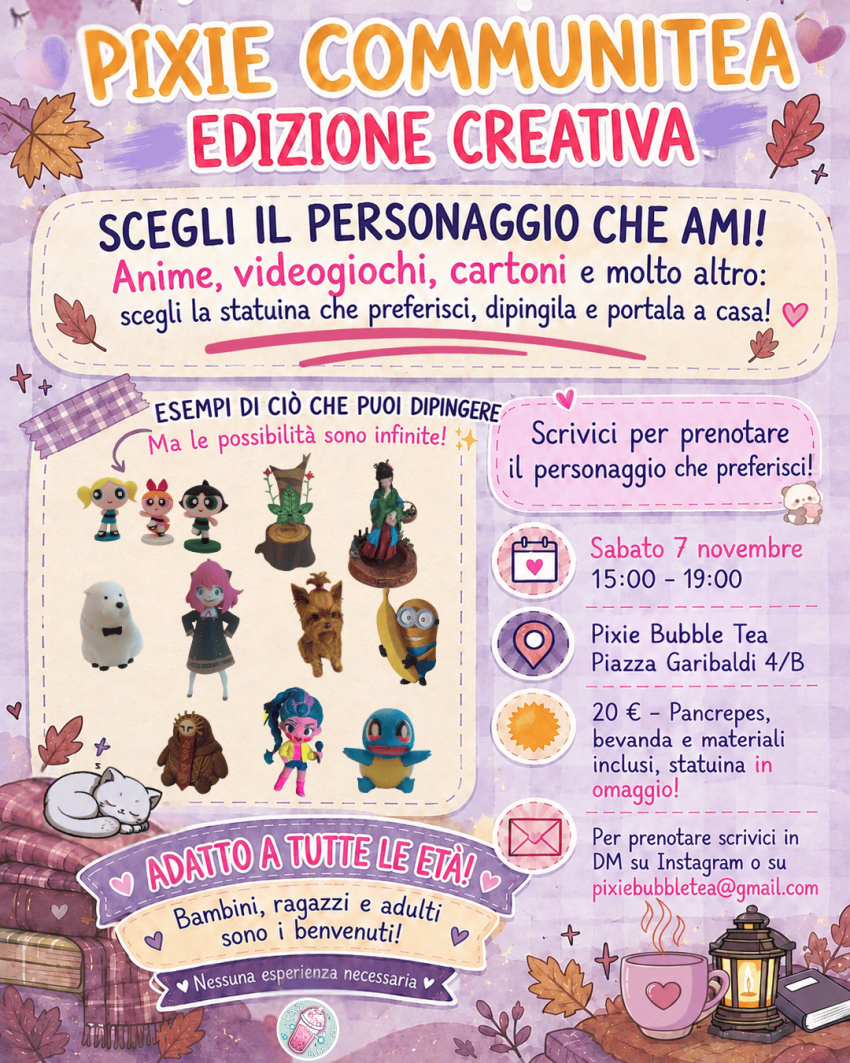 PIXIE COMMUNITEA: dipingi la STATUINA della tua passione preferita - Piazza Garibaldi 4/B, Udine (UD) - 🎨 PIXIE COMMUNITEA: EDIZIONE CREATIVA 🎨
Hai una statuina di qualche tua passione che vorresti dipingere? 💗
Che sia un personaggio di un anime, di u...