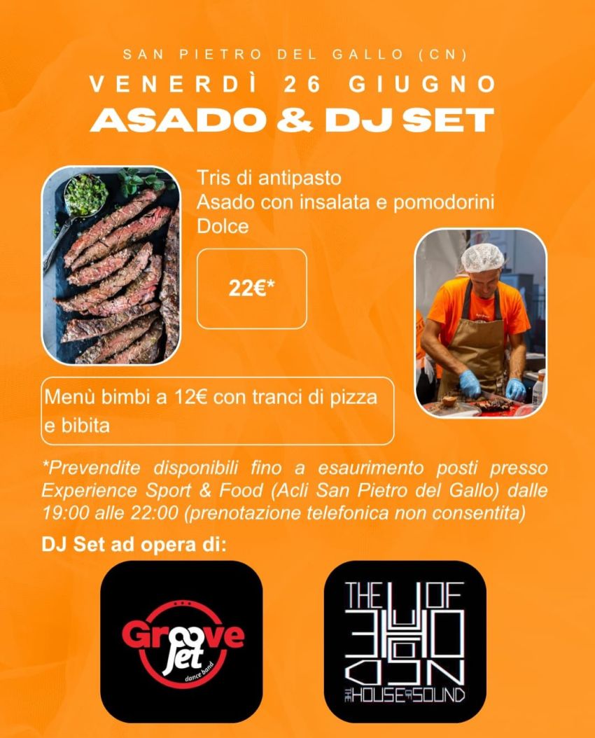 ASADO & DJ SET - San Pietro del Gallo, Cuneo (CN) - VENERDÌ 26 giugno MENÙ ASADO🍖 ➡️22€1️⃣Tris di antipasto con vitello tonnato, giardiniera, caramella di tomino boscaiolo e speck2️⃣Asado con insalata...