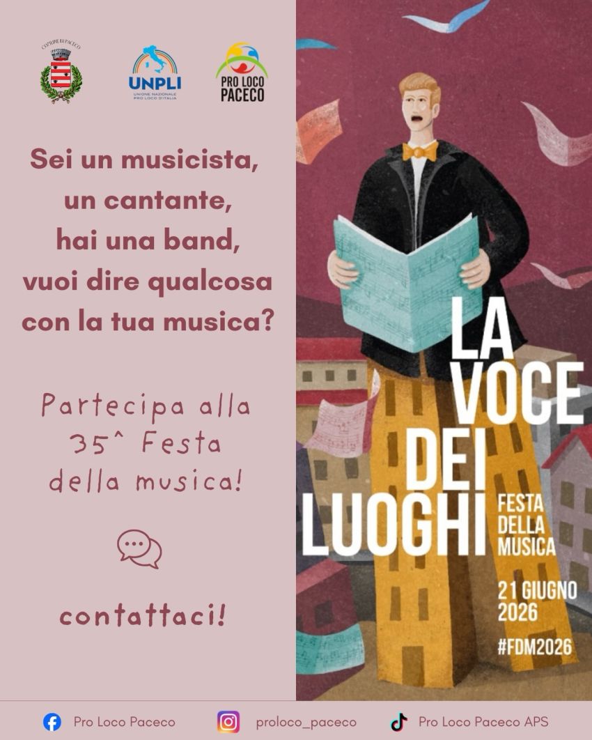 La voce dei luoghi - Festa della Musica - Centro città, Paceco (TP) -  

Il 21 giugno torna la #festadellamusica2026 , l’evento che trasforma le città in un palcoscenico a cielo aperto. Stiamo cercando te: musicista, can...