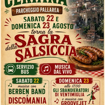 Sagra della Salsiccia di Ceriana® - Parcheggio Pallarea, Ceriana (IM) - Torna il 22 e 23 agosto la **Sagra della Salsiccia di Ceriana®**, uno degli appuntamenti più attesi dell'estate. Un evento imperdibile che si rinnova...
