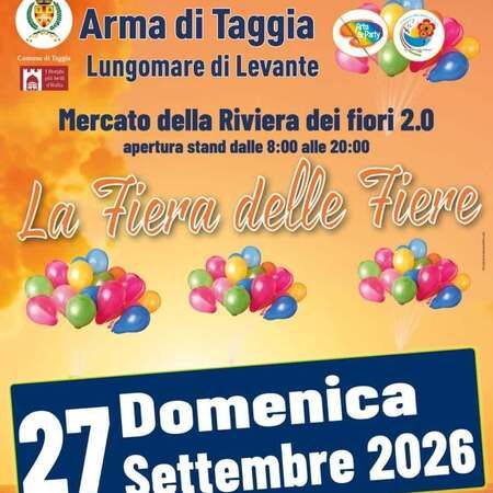 Mercato della Riviera dei fiori 2.0 - Lungomare di Levante, Taggia (IM) - Arma di Taggia  
Lungomare di Levante  
Mercato della Riviera dei fiori 2.0  
apertura stand dalle 8:00 alle 20:00  
La Fiera delle Fiere  
27 Do...