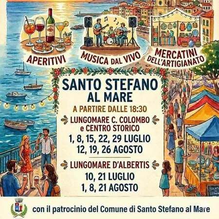 FESTIVAL dei BAR - LUNGOMARE D'ALBERTIS, Santo Stefano al Mare (IM) - FESTIVAL dei BAR  
EDIZIONE 2026  
APERTIVI  
MUSICA DAL VIVO  
MERCATINI DELL'ARTIGIANATO  
SANTO STEFANO AL MARE  
A PARTIRE DALLE 18:30  
LU...