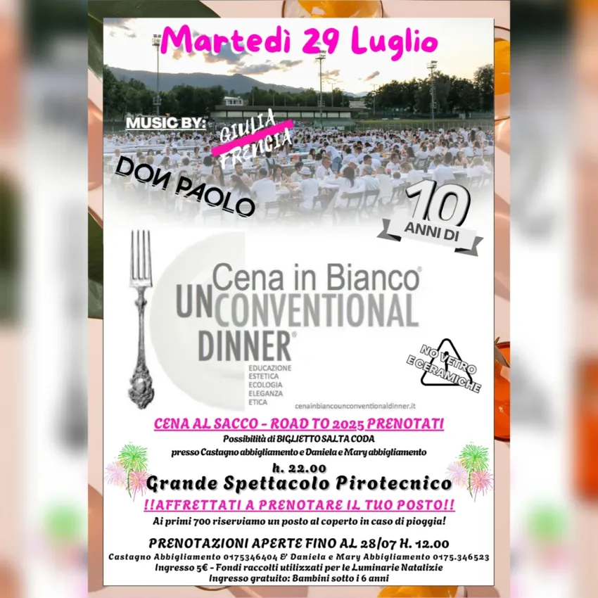 CENA IN BIANCO - BARGE 2025 - Impianti sportivi, Barge (CN) - 🤍 10 Anni di... CENA IN BIANCO - BARGE 2025 🤍📍Il 29 luglio gli Impianti Sportivi di Barge si colorano di bianco🔥 Le uniche regole: Vestirsi di bia...