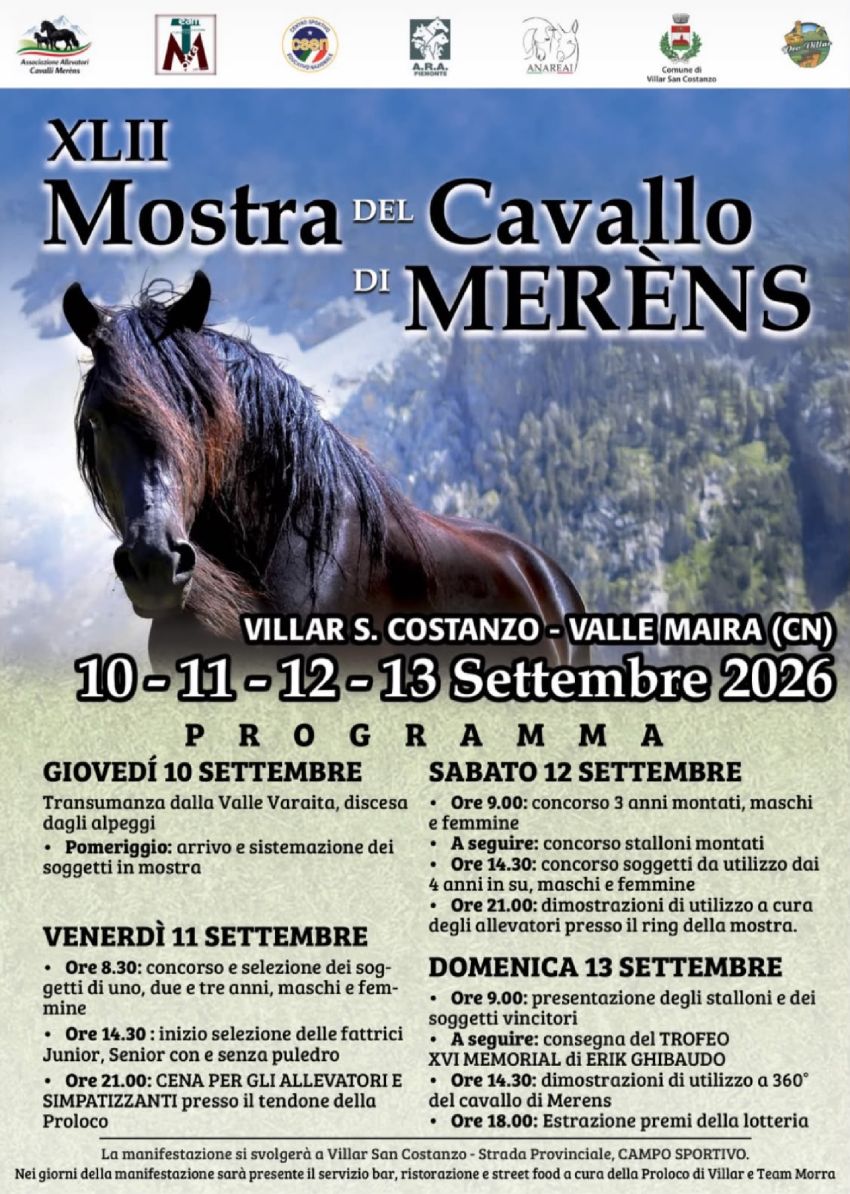 MOSTRA DEL CAVALLO MERENS - Villar San Costanzo, Villar San Costanzo (CN) - Da giovedì 10 a domenica 13 settembre a Villar San Costanzo torna la tradizionale mostra dedicata al cavallo Meréns, organizzata dalla Pro Villar.