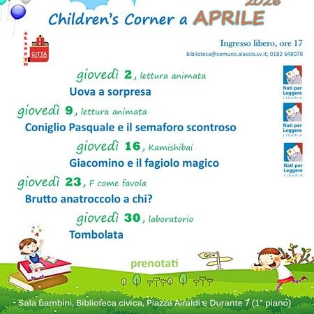 KAMISHIBAI - Biblioteca Piazza Airaldi e Durante, Alassio (SV) - Giovedì 2 aprile
LETTURA ANIMATA
Uova a sorpresa
------------------------------------------------------------------------
Giovedì 9 aprile
LETTUR...