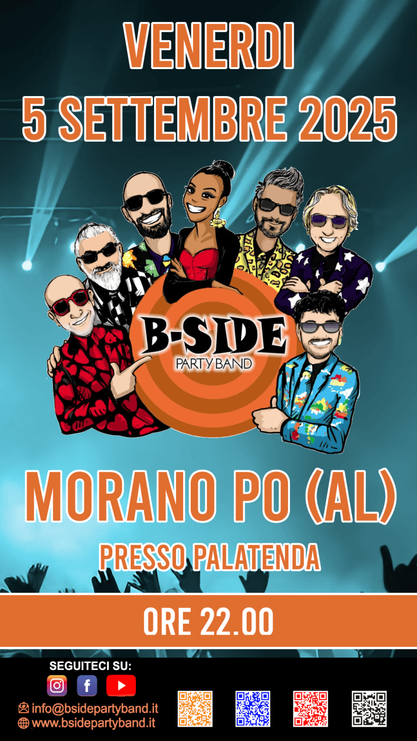 Bside Party Band live @ Morano Po (AL) - Presso Palatenda, Morano sul Po (AL) - Morano Po si prepara a una notte di musica e festa con la Bside Party Band – 5 settembre 2025 
Dopo il successo dello scorso giugno, la festa di Moran...