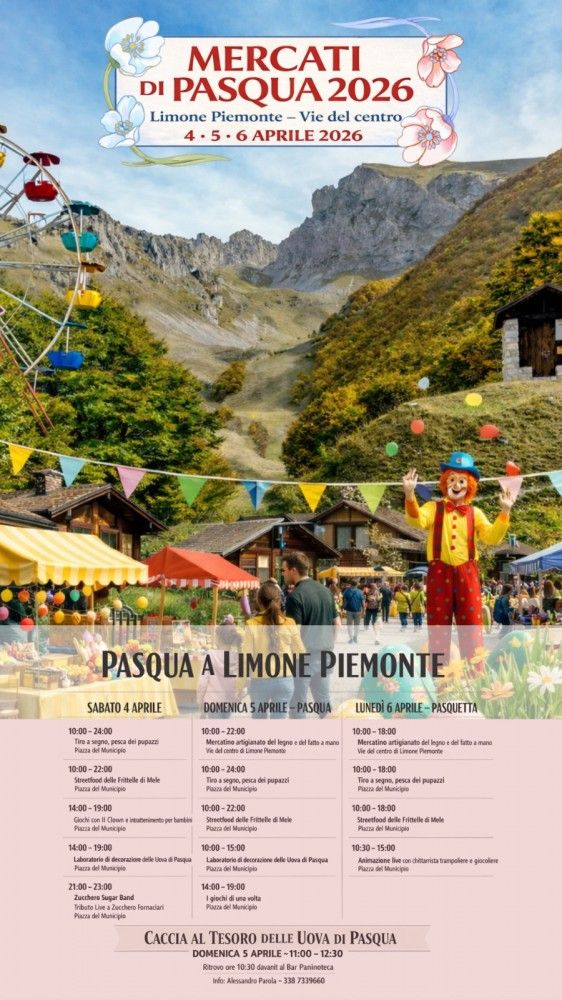  Mercatino di Pasqua - Centro, Limone Piemonte (CN) - Dal 4 al 6 aprile, Limone Piemonte festeggia la Pasqua con mercatini dell'artigianato, street food e laboratori creativi in Piazza del Municipio. Saba...