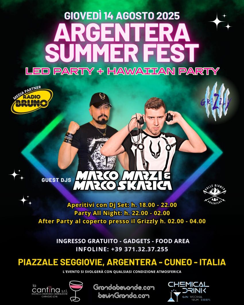 ARGENTERA SUMMER FEST + HAWAIIAN PARTY + LED PARTY - Piazzale seggiovie, Argentera (CN) -
Giovedì 14 agosto - Argentera (Cn)🔥🔥 ARGENTERA SUMMER FEST + HAWAIIAN PARTY + LED PARTY 🔥🔥INGRESSO GRATUITOPresso Piazzale Seggiovie, Argente...