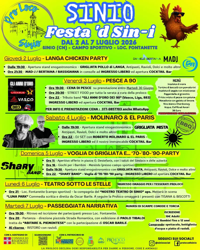 Festa 'd Sin-i 2026 - Campo Sportivo - Loc. Fontanette, Sinio (CN) - Festa 'd Sin-i 2026 Sinio (CN) - Campo Sportivo - Loc. Fontanette❇️Giovedì 2 Luglio - LANGA CHICKEN PARTY Dalle 19:30 - Apertura stand enogastronomico...