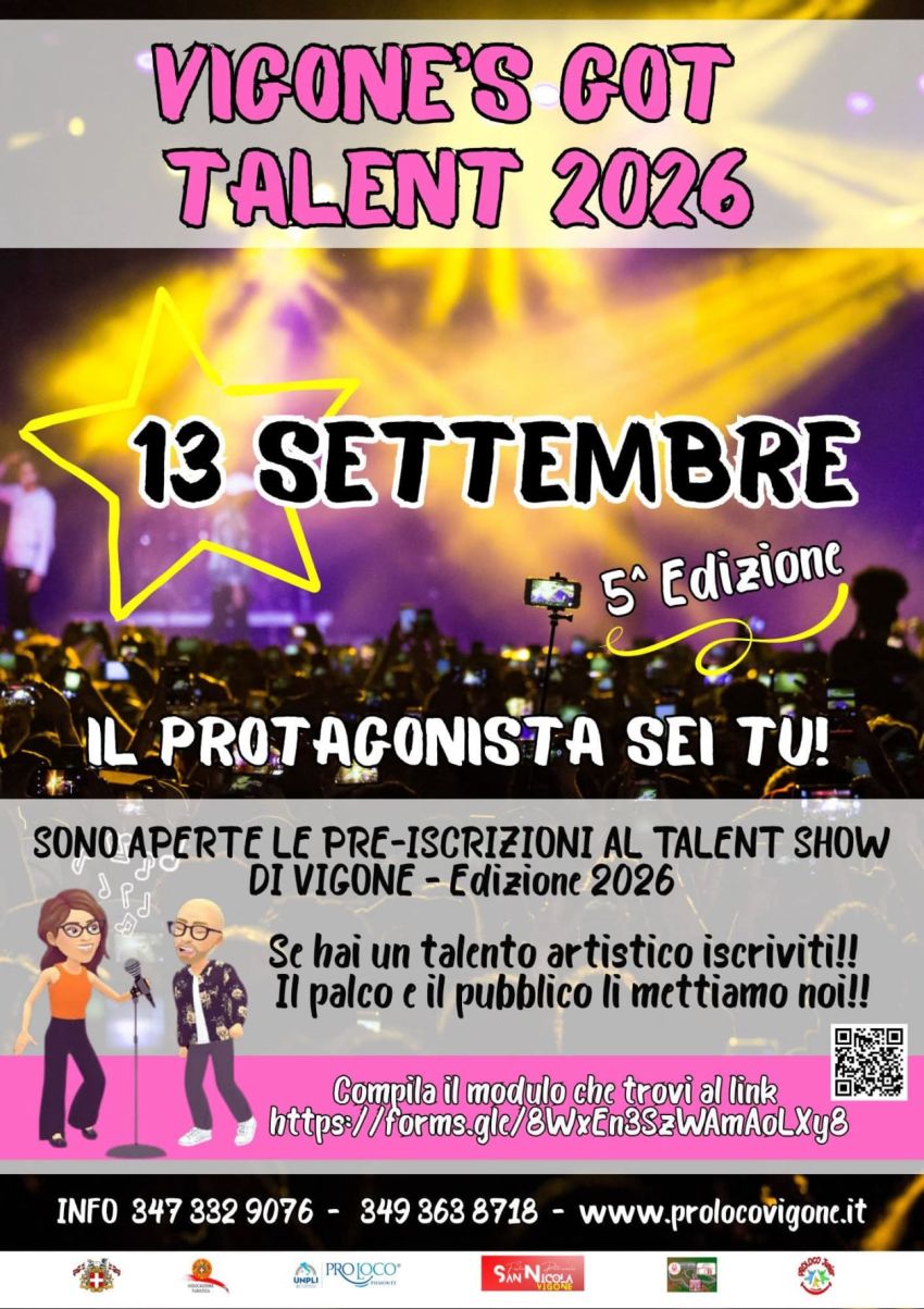 VIGONE'S GOT TALENT 2026 - Centro città, Vigone (TO) - 🎉 VIGONE'S GOT TALENT 2026 è già pronto!!!! Manchi solo TU!! SIIII proprio TU!!!Tu che hai un talento e lo vuoi far conoscere! Noi ti offriamo una se...