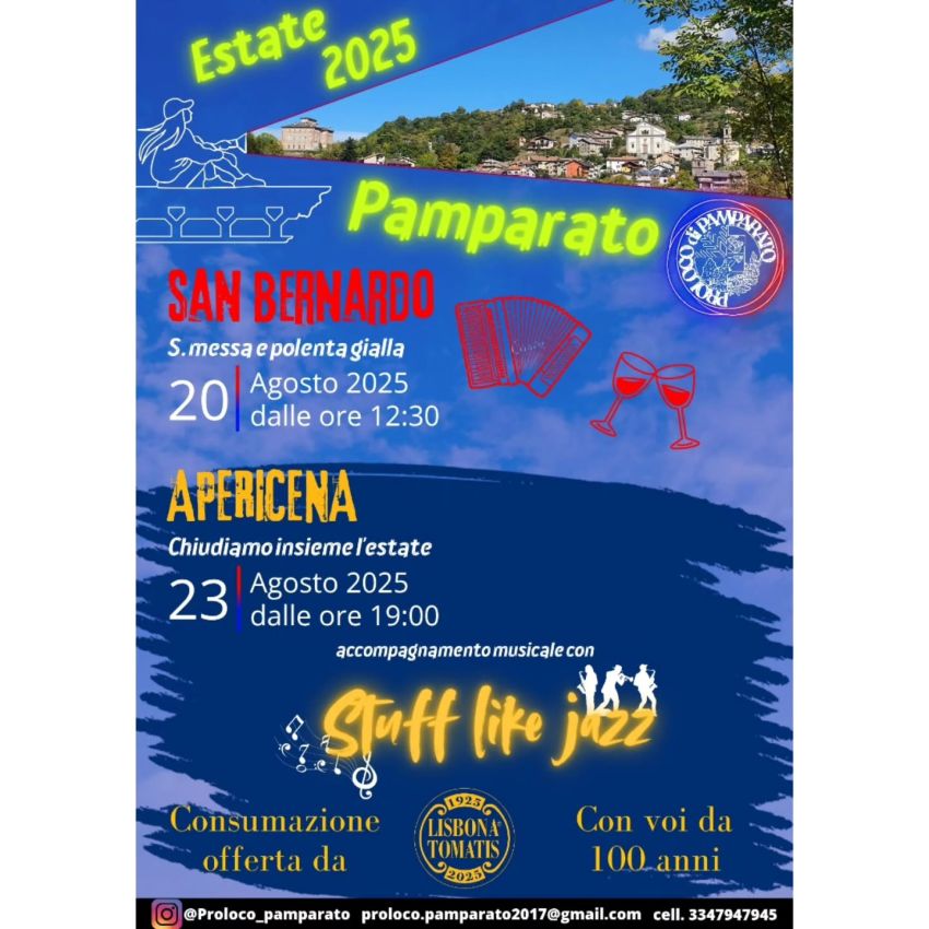 SAN BERNARDO - Centro città, Pamparato (CN) - Ecco gli appuntamenti della settimana: 20 agosto: SAN BERNARDOmessa patronale alle ore 11:00 presso la cappella votivaPolenta gialla alle ore 12:3023...