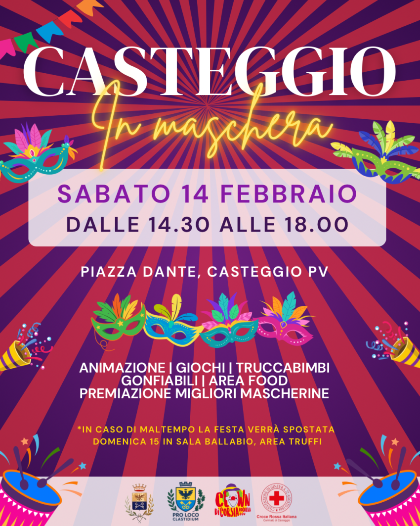 Casteggio in maschera! - Piazza Dante, Casteggio (PV) - Pronti a invadere le strade di colori, coriandoli e tanta allegria?🎭✨ CASTEGGIO IN MASCHERA sta arrivando!Vi aspettiamo sabato 14 febbraio in Piazza...
