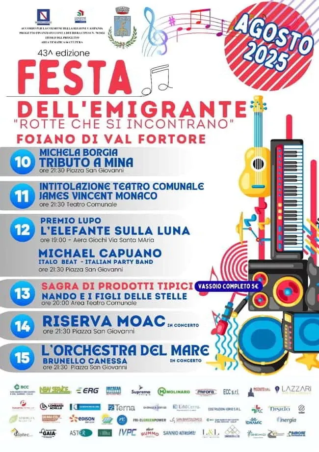 Festa dell'emigrante - Rotte che si incontrano - Piazza San Giovanni, Foiano di Val Fortore (BN) - Appuntamento a Foiano di Val Fortore, in provincia di Benevento, con Festa dell'emigrante - Rotte che si incontrano, dal 10 al 15 agosto 2025.
Program...