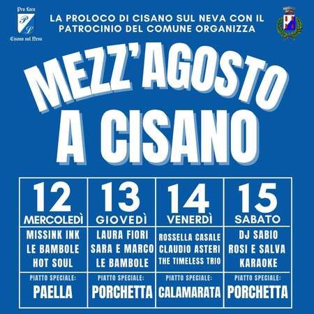 Festa di mezz’agosto - Centro citta', Cisano sul Neva (SV) - ☀️MEZZ’AGOSTO A CISANO☀️
Torna la festa di mezz’agosto tra le piazze ed i caruggi del borgo; con musica travolgente e buon cibo!!
🍻Dalle 18:30 APER...