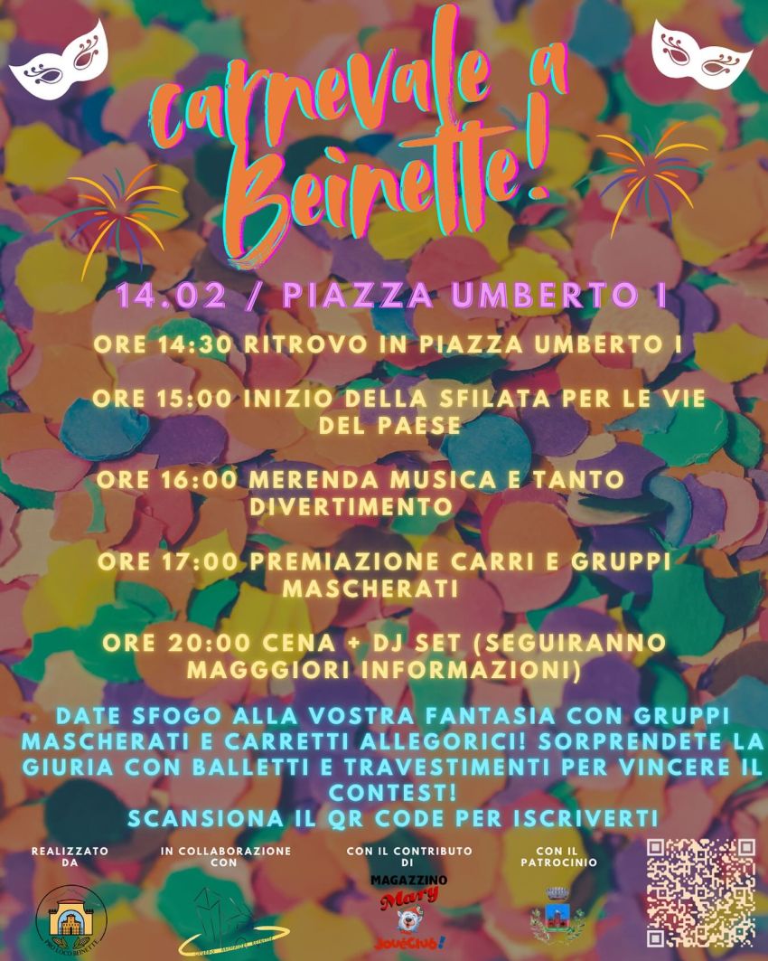 Carnevale di Beinette - Piazza Umberto I, Beinette (CN) - 🎉 Carnevale di Beinette – 14 febbraio. Siete pronti a trasformare Beinette in un mondo magico? ✨. Il paese si riempirà di maschere, musica, colori e...