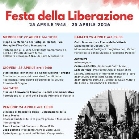 Anniversario della Liberazione - Centro citta', Cairo Montenotte (SV) - 🔵 25 APRILE: A CAIRO QUATTRO APPUNTAMENTI DIFFUSI SUL TERRITORIO 🇮🇹
Quattro appuntamenti in altrettante giornate per celebrare 81° Anniversario del...