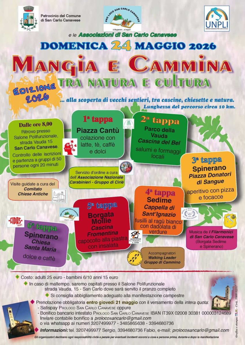 Mangia e Cammina - Strada Vauda 15 (Salone Polifunzionale), San Carlo Canavese (TO) - 🌿 Mangia e Cammina tra Natura e Cultura 2026 a San Carlo Canavese 🚶‍♂️🍽️
Torna l'attesa edizione 2026 di Mangia e Cammina, una splendida passeggiata...