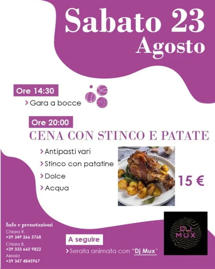 CENA CON STINCO E PATATE - Frazione Lemma, Rossana (CN) - ORE 20.00 CENA CON STINCO E PATATEANTIPASTI VARISTINCO CON PATATINEDOLCEACQUA€ 15,00A SEGUIRE DJ SET CON DJ MUX @lorenzomusso_mux***OBBLIGATORIA LA PR...