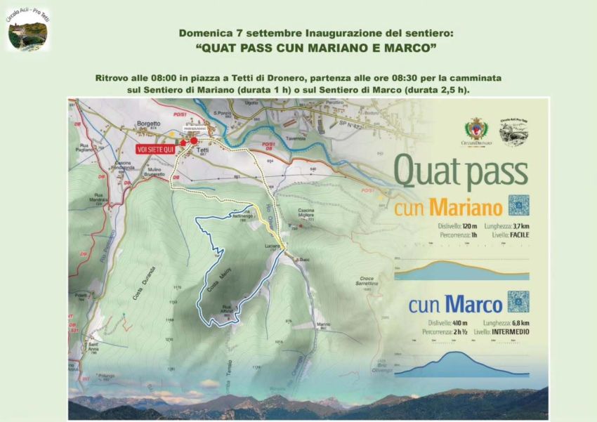 QUAT PASS CUN MARIANO E MARCO - TETTI di Dronero, Dronero (CN) - Inaugurazione del sentiero “Quat Pass cun Mariano e Marco” – Domenica 7 settembre
🥾 Escursioni, natura e memoria in Valle MairaDomenica 7 settembre t...