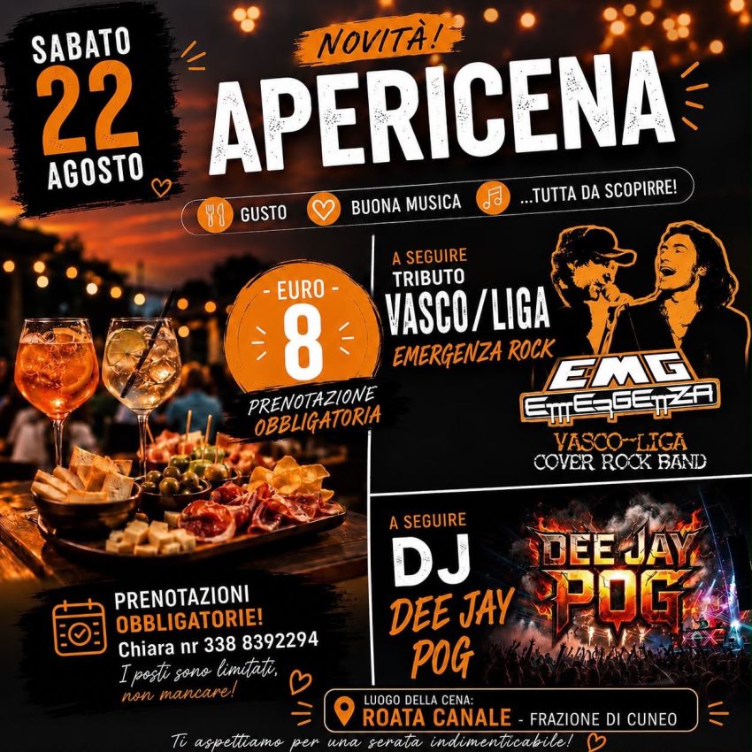 San Gioacchino  - Via monea oltregesso , Cuneo (CN) - Sabato 22 agosto ti aspetta una serata tutta da vivere! 🌅🍹
🍸 Apericena a soli 8 €✨ Gusto, buona musica e un’atmosfera tutta da scoprire!
🎸 A segu...