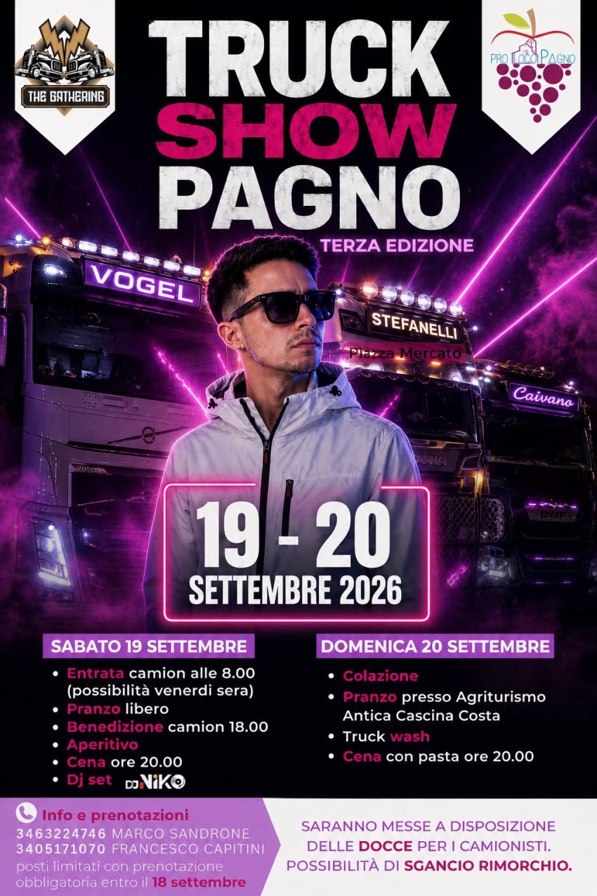 TRUCK SHOW PAGNO - Terza edizione - Centro città, Pagno (CN) - 🚛 TRUCK SHOW PAGNO – 3ª EDIZIONE 🔥
Il rombo dei motori torna a farsi sentire a Pagno! Segna le date: 19 e 20 Settembre 2026 in Piazza Mercato. Due g...