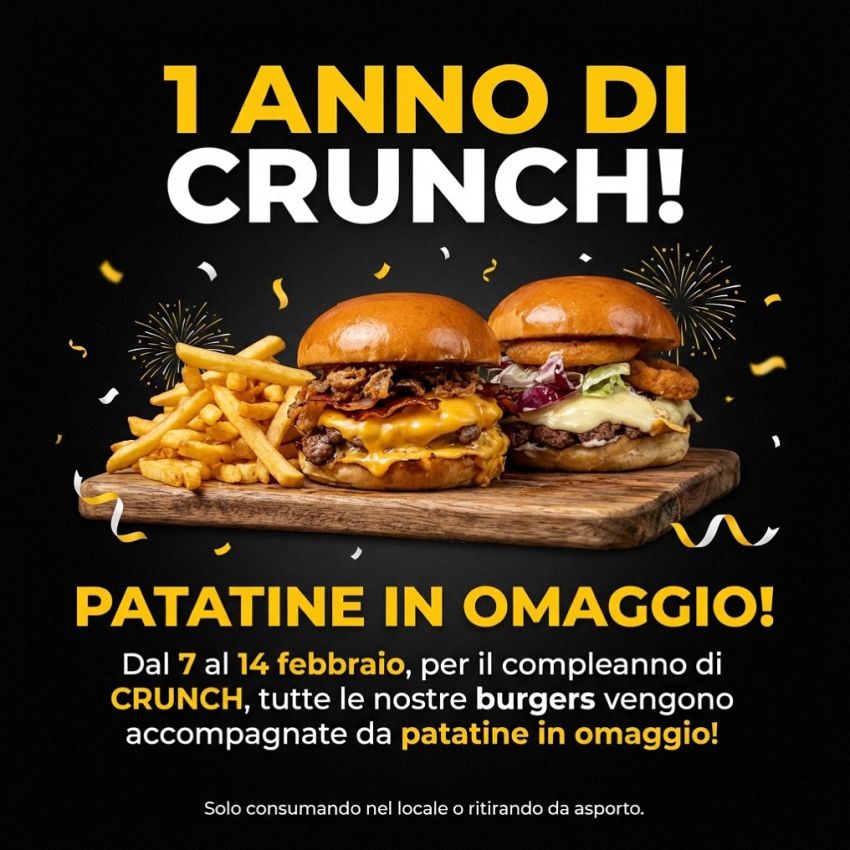 1 ANNO DI CRUNCH - HAMBURGERIA - Corso Santorre di Santarosa 61 – Cuneo, Cuneo (CN) - Festeggiamo il nostro primo anno insieme! 🎉Dal 7 al 14 Febbraio, tutte le nostre burgers vengono accompagnate da PATATINE IN OMAGGIO 🍟🔥Solo per con...