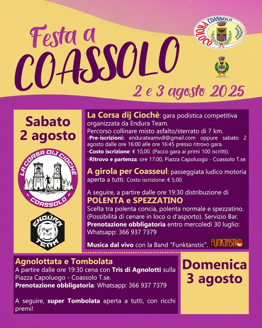 Festa a Coassolo - Centro città, Coassolo Torinese (TO) - Siamo felici di condividere il programma delle due giornate di Festa a Coassolo 🥳Quest’anno grandi novità 😃- La gara poditistica competitiva organiz...