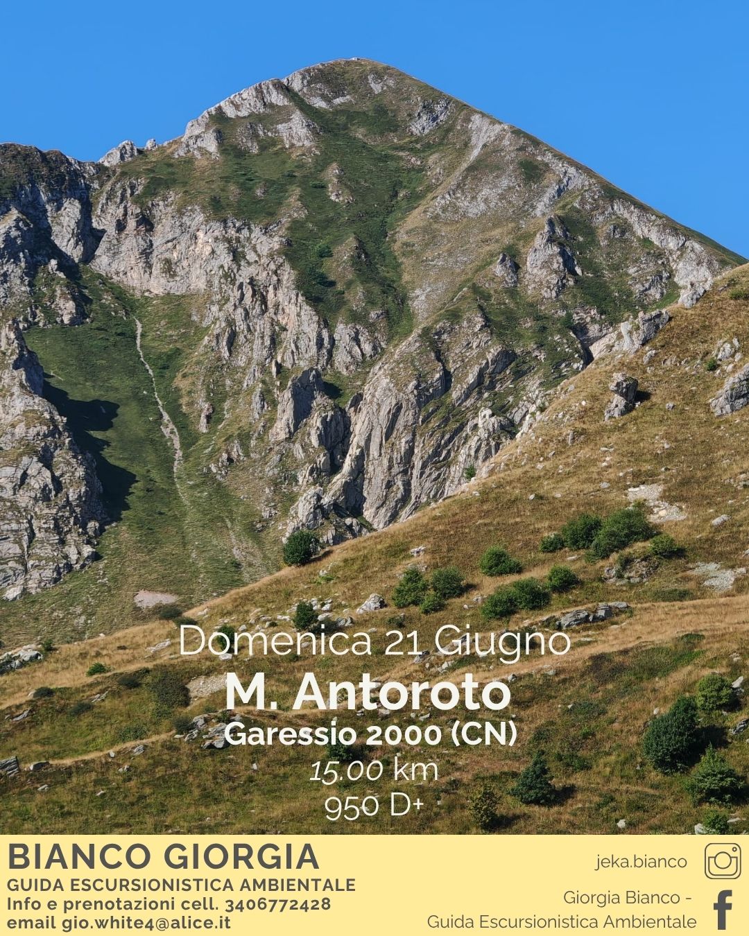 Monte Antoroto - Colle di Casotto, Garessio (CN) - 𝗠𝗼𝗻𝘁𝗲 𝗔𝗻𝘁𝗼𝗿𝗼𝘁𝗼, 𝟮𝟭𝟰𝟰 𝗺 𝗱𝗶 ✨
📅 𝗤𝘂𝗮𝗻𝗱𝗼: Domenica 21 Giugno
📍 𝗥𝗶𝘁𝗿𝗼𝘃𝗼: Ore 9.30 a Garessio 2000 (zona parcheggio)
📏 𝗗𝗶𝘀𝘁𝗮𝗻𝘇𝗮: 15.00 km
📈 𝗗𝗶𝘀𝗹𝗶𝘃𝗲𝗹𝗹𝗼:...