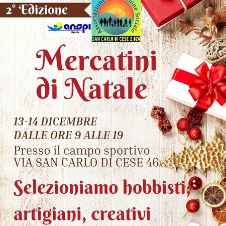 Mercatini di Natale - campo sportivo   VIA SAN CARLO DI CESE 46, Genova (GE) - 2° Edizione
Mercatini di Natale
13-14 DICEMBRE  
DALLE ORE 9 ALLE 19  
Presso il campo sportivo  
VIA SAN CARLO DI CESE 46  
Selezioniamo hobbis...