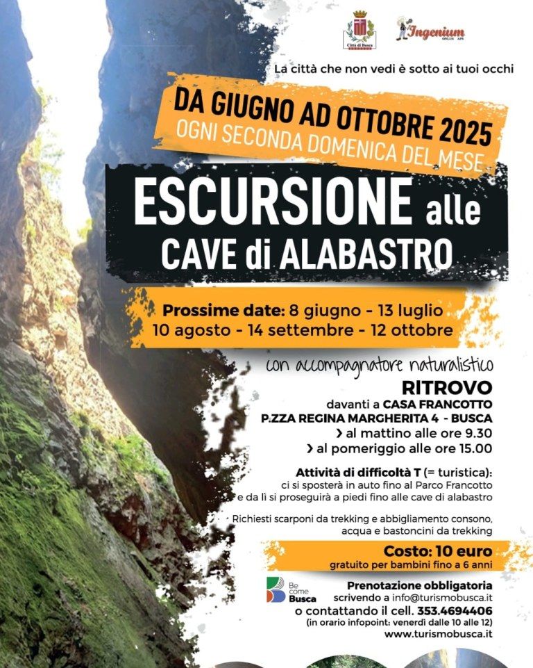 Escursione alle Cave di alabastro - Casa Francotto, Busca (CN) - Escursione alle Cave di Alabastro di Busca – Domenica 12 ottobre 2025
Domenica 12 ottobre 2025 sarà possibile vivere un’esperienza unica alla scoperta...
