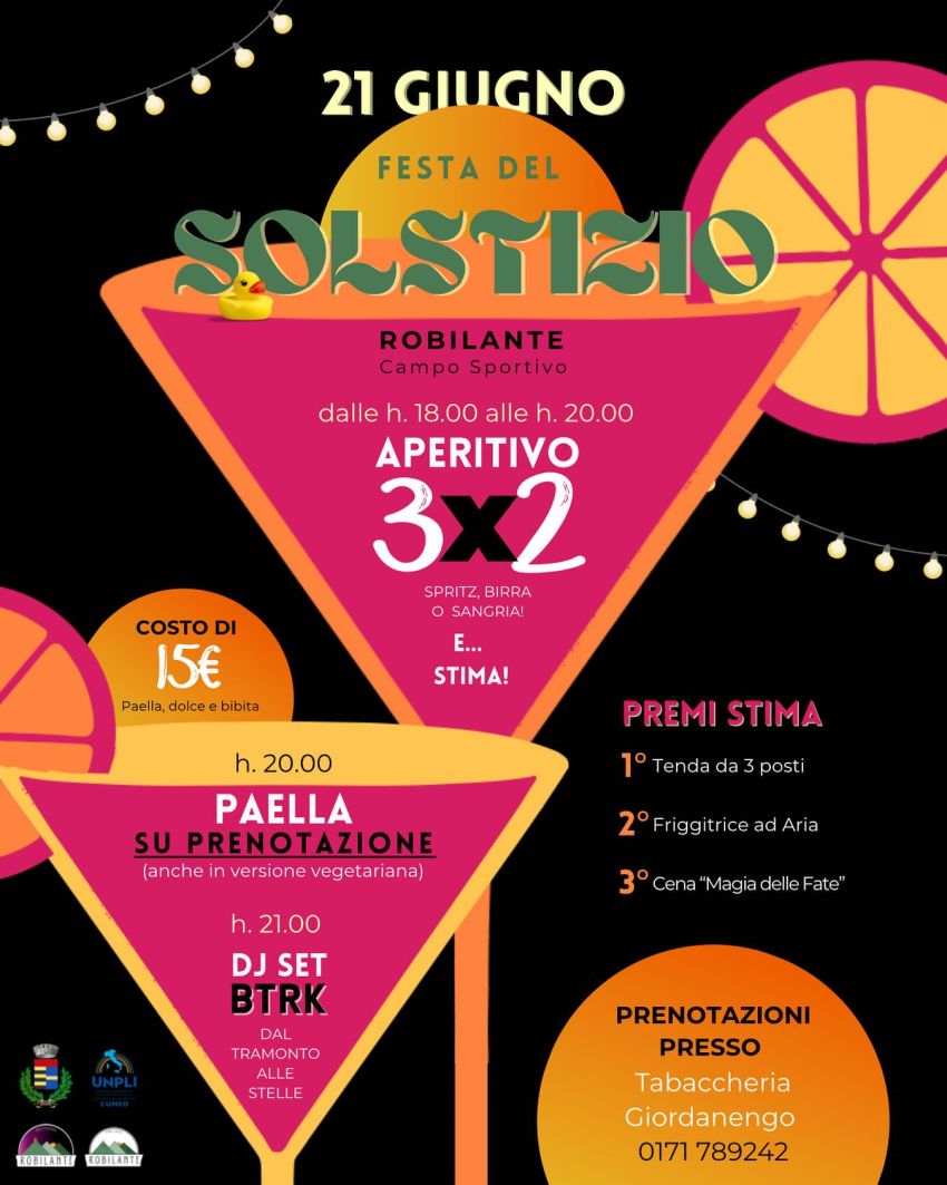 Festa del Solstizio - Impianti Sportivi - Campo Calcio, Robilante (CN) - FESTA APERTA A TUTTI!Siete pronti per la prima festa dell’estate?☀️⛱️☀️Aperitivo, Paella e musica sotto le stelle!Vi aspettiamo al campo sportivo di R...