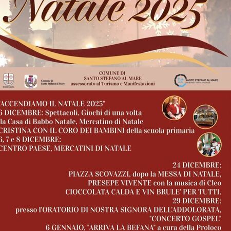 ARRIVA LA BEFANA - Centro citta', Santo Stefano al Mare (IM) - Accendiamo il Natale 2025
24 DICEMBRE 
PIAZZA SCOVAZZI, dopo la MESSA DI NATALE,
PRESEPE VIVENTE con la musica di Cleo
CIOCCOLATA CALDA E VIN BRUL...