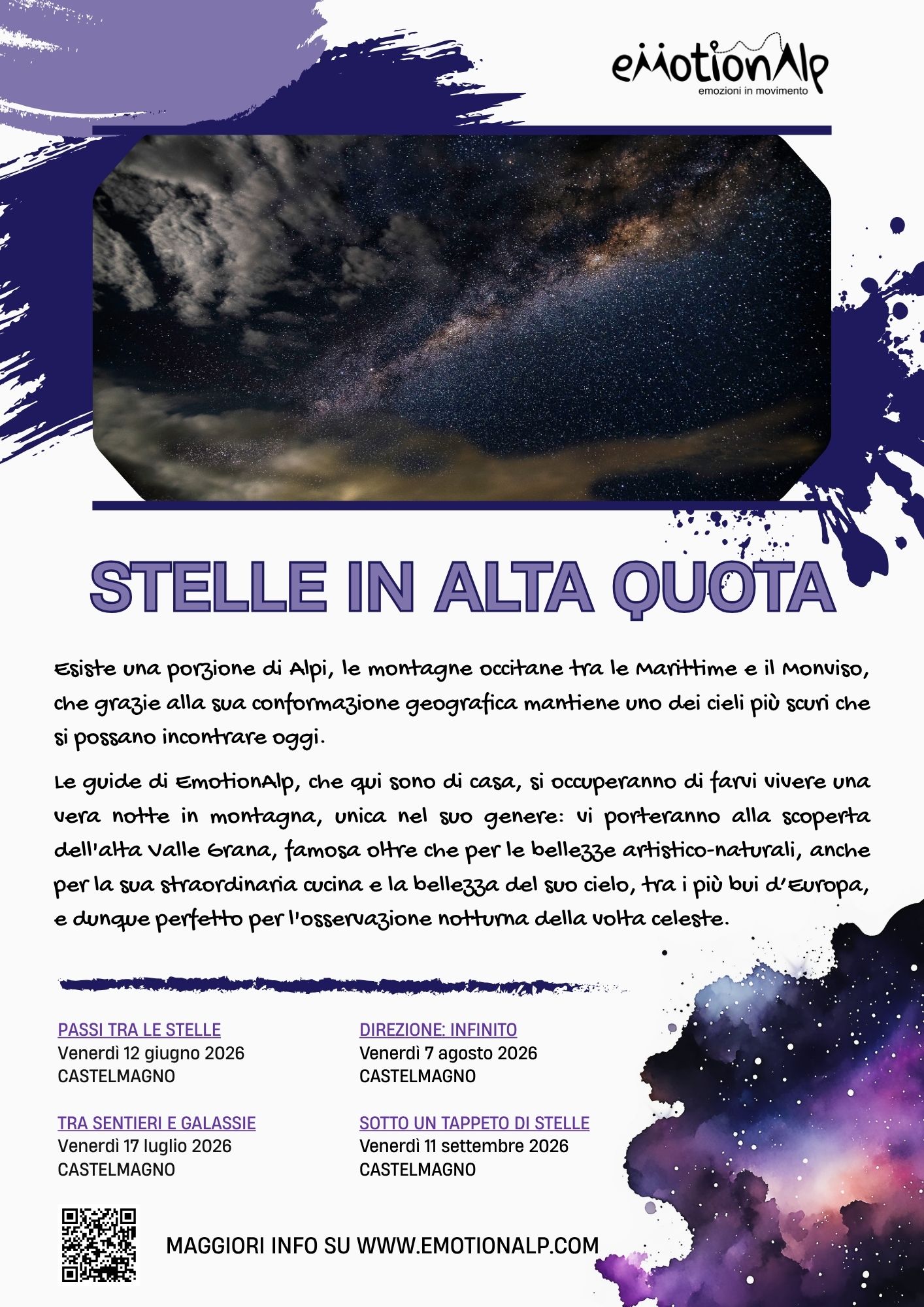 ESCURSIONI STELLE IN ALTA QUOTA - Direzione: infinito - Castelmagno, Castelmagno (CN) - 


𝗗𝗶𝗿𝗲𝘇𝗶𝗼𝗻𝗲: 𝗶𝗻𝗳𝗶𝗻𝗶𝘁𝗼
𝘚𝘵𝘦𝘭𝘭𝘦 𝘪𝘯 𝘢𝘭𝘵𝘢 𝘲𝘶𝘰𝘵𝘢
 


 Venerdì 7 agosto 2026




 


Partenza in van da Cuneo in direzione Valle Grana.


Durante l’itinerar...