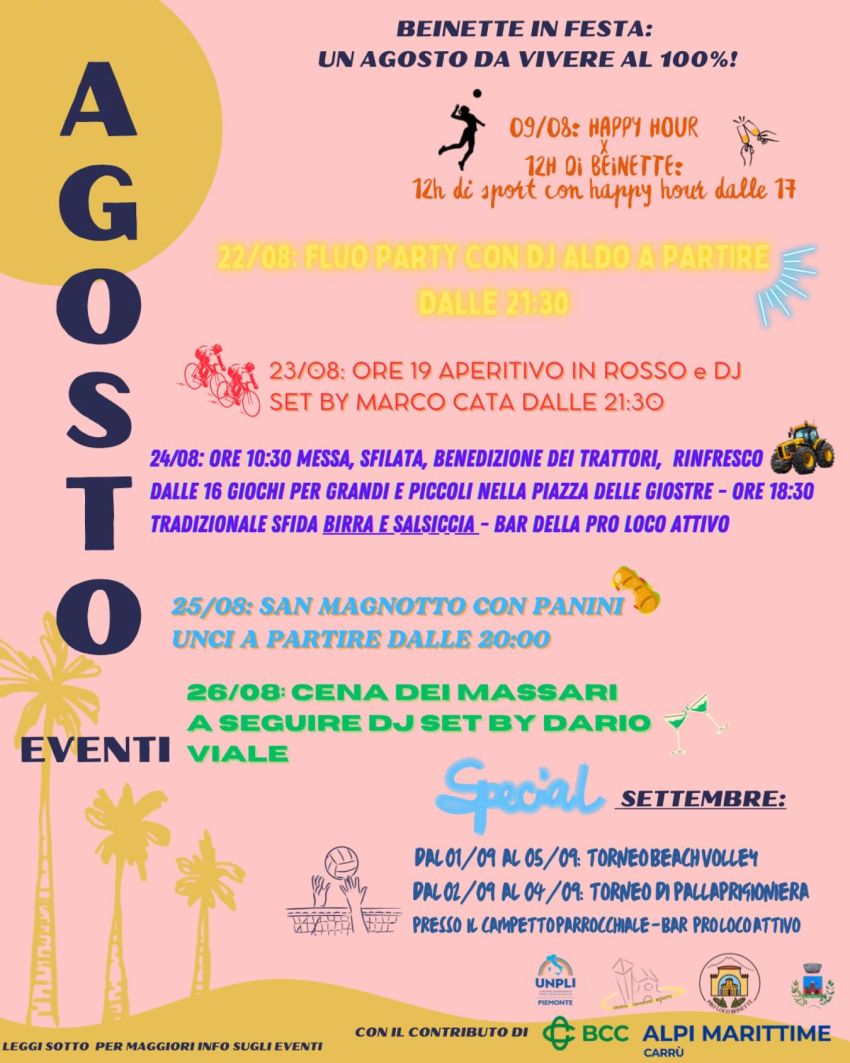 BEINETTE IN FESTA - Centro città e area festeggiamenti, Beinette (CN) - 🎉 Agosto a Beinette è un’esplosione di eventi! Sport, musica, tradizione e divertimento per tutte le età! 📅 09/08 – 12h di Sport ⚽🏐dalle 8:15 Ping...