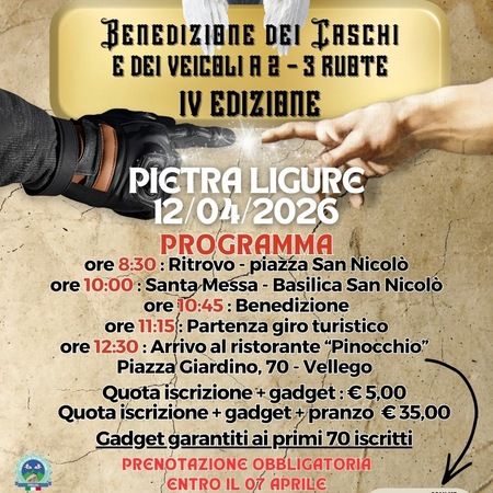 Benedizione dei caschi e dei veicoli a motore a 2-3 ruote - Piazza San Nicolò, Pietra Ligure (SV) - Domenica 12 aprile 2026 il Vespa Club Pietra Ligure organizza la quarta edizione della Benedizione dei Caschi, appuntamento di inizio stagione dedicat...