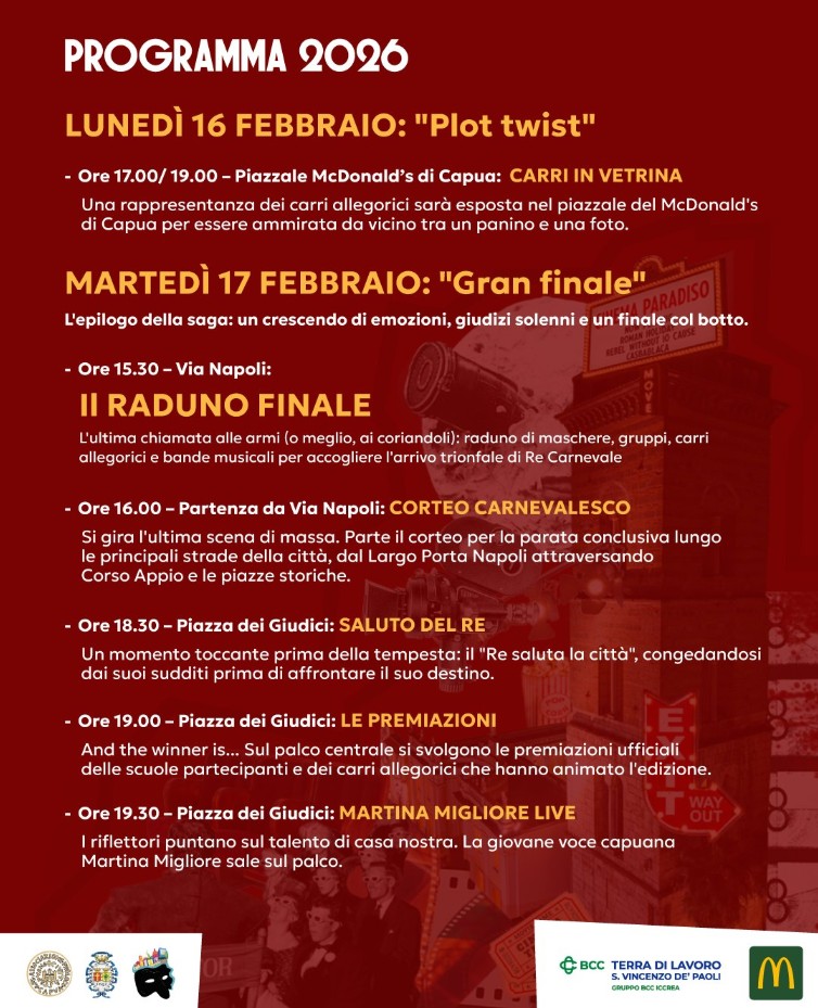 Carnevale di Capua 2026: Il Programma Completo della 139ª Edizione in Campania - Centro, Capua (CE) - Se cerchi l'evento più spettacolare del Carnevale in Campania, la destinazione è una sola: Capua. Torna la storica kermesse, una delle più antiche d'I...