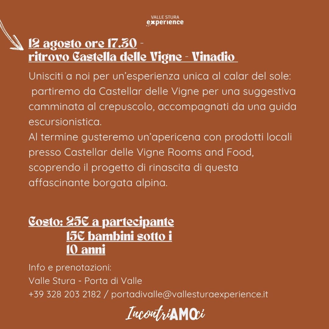 Escursione al tramonto con apericena - Castellar delle Vigne, Vinadio (CN) - 🌄 Camminata al Tramonto & Apericena📍 Castellar delle Vigne / Vinadio (CN)🕕 Ritrovo ore 17:30
Unisciti a noi per un’esperienza unica al calar del so...