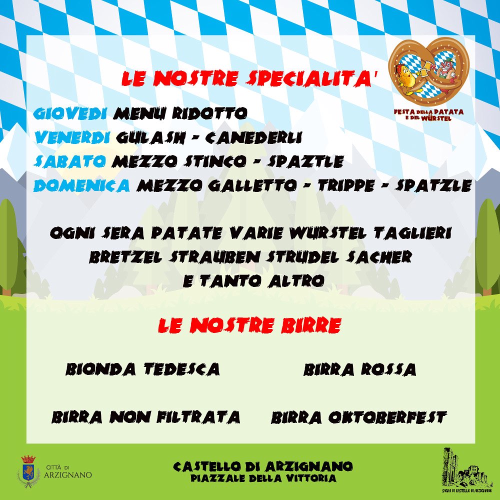 FESTA DELLA PATATA E DEL WÜRSTEL - Piazzale della Vittoria, Arzignano (VI) - FESTA DELLA PATATA E DEL WÜRSTEL 20259/10/11/12 Oktober 2025Castello di Arzignano (vi)Piazzale della Vittoria#TheItalianOktoberFest #DasOriginalTorna...