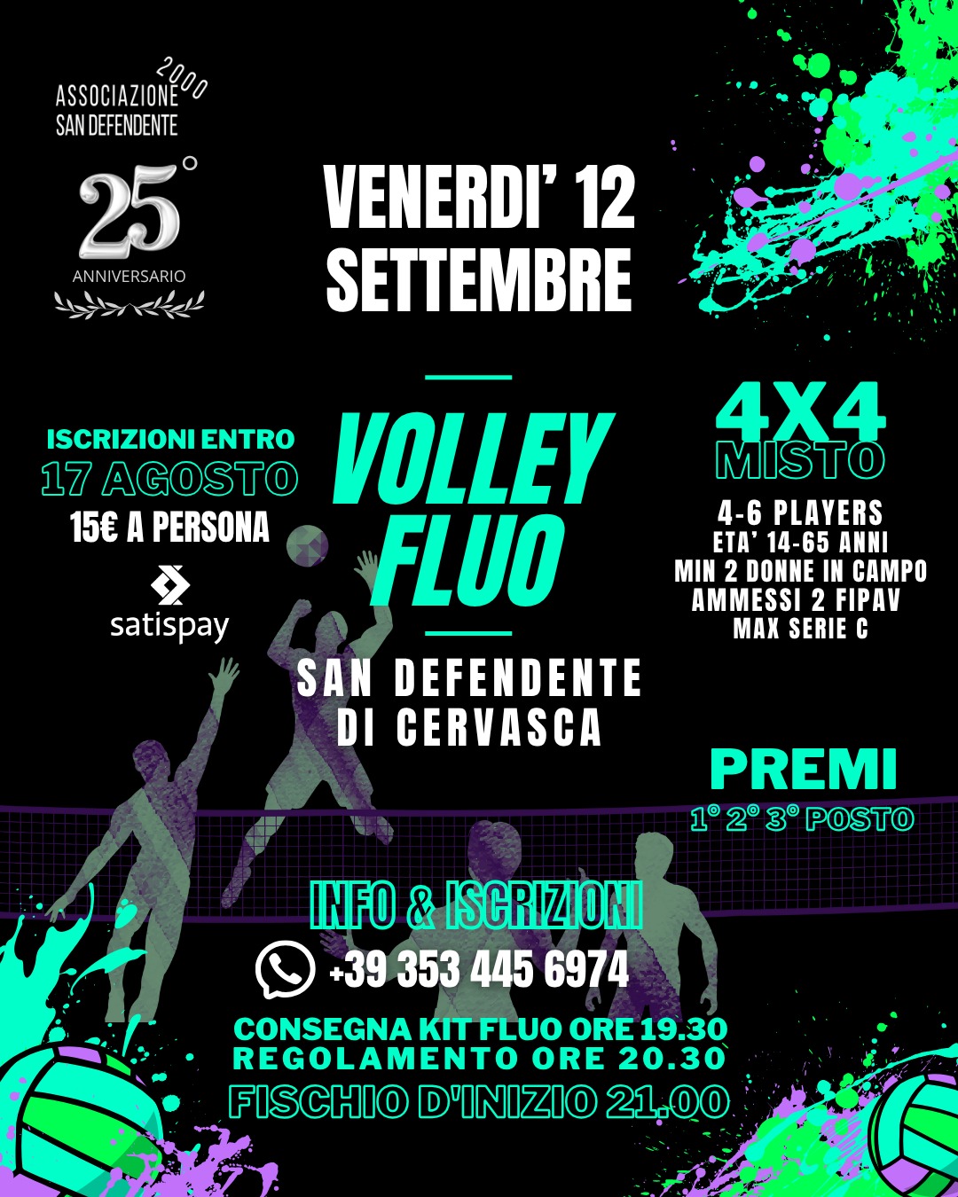 Festa 12-13-14-15 Settembre - San Defendente di Cervasca - San Defendente di Cervasca, Cervasca (CN) - 
 


#Sande25𝟮𝟱° 𝗮𝗻𝗻𝗶𝘃𝗲𝗿𝘀𝗮𝗿𝗶𝗼 dell'Associazione @sandefendente2000 🍾Iscrizioni e prenotazioni aperte 🚀Messaggi whatsapp al numero 👇🏼+39 353 445697...