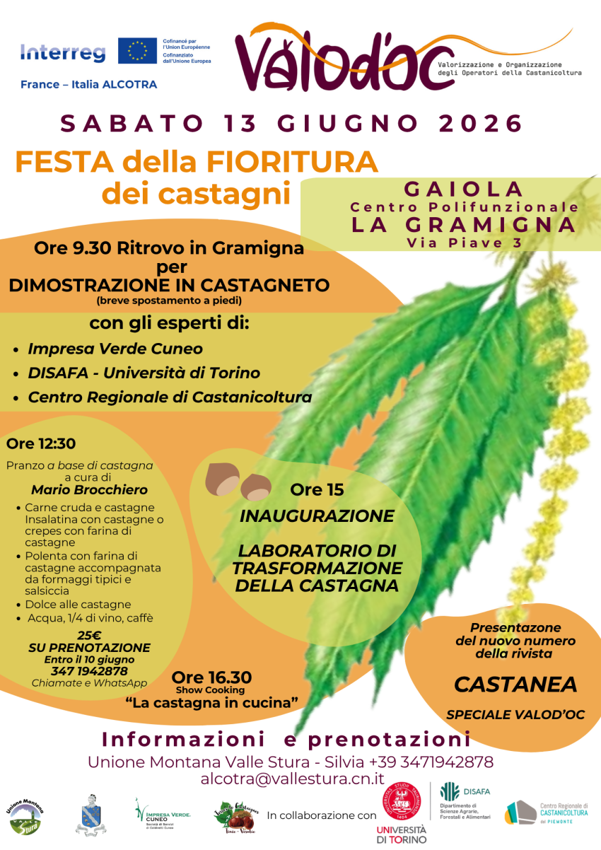 Festa della Fioritura dei Castagni - Via Piave 3, Gaiola (CN) - Si svolgerà sabato 13 giugno 2026 presso il Centro Polifunzionale La Gramigna in via Piave 3 a Gaiola (CN), la Festa della Fioritura dei Castagni, ini...