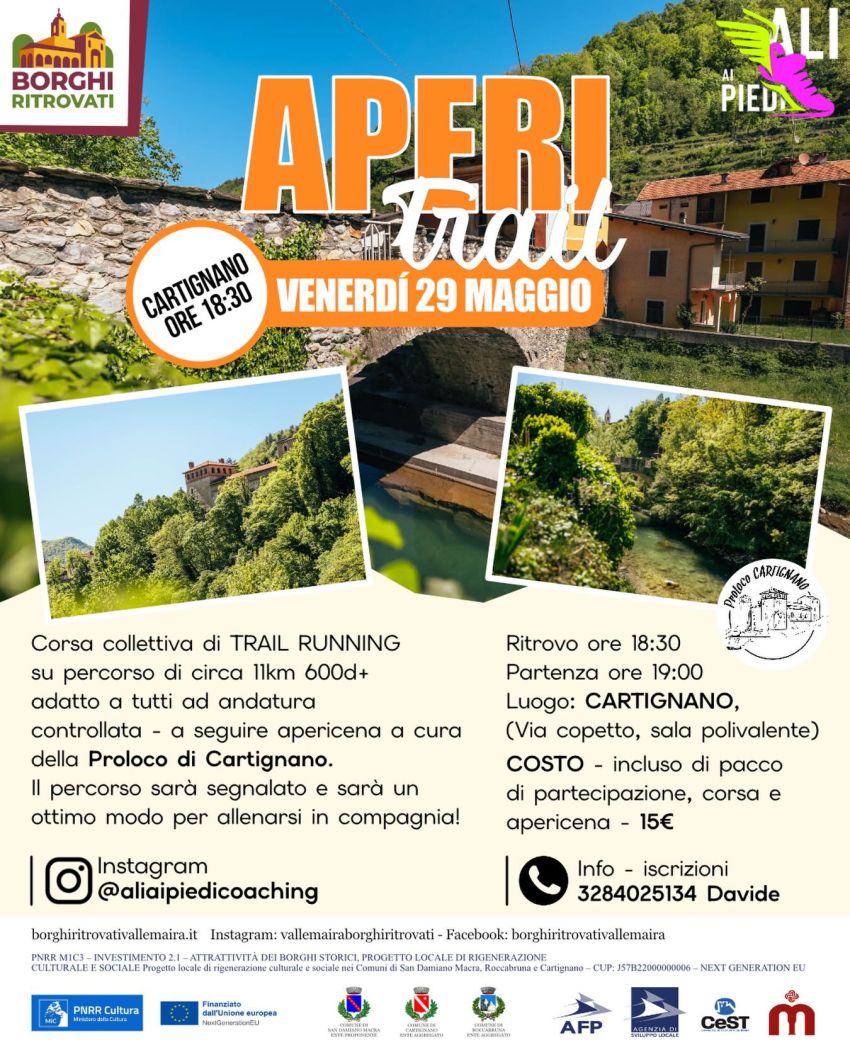 APERITRAIL - Sala Polivalente (ritrovo), Cartignano (CN) - APERITRAIL primavera 2026 🩵💚🩷Prossimo appuntamento!!!!!!🗓️ venerdì 29 maggio⏰ ritrovo dalle ore 18:30- partenza ore 19:00📍CARTIGNANO VALLE MAIRA-...