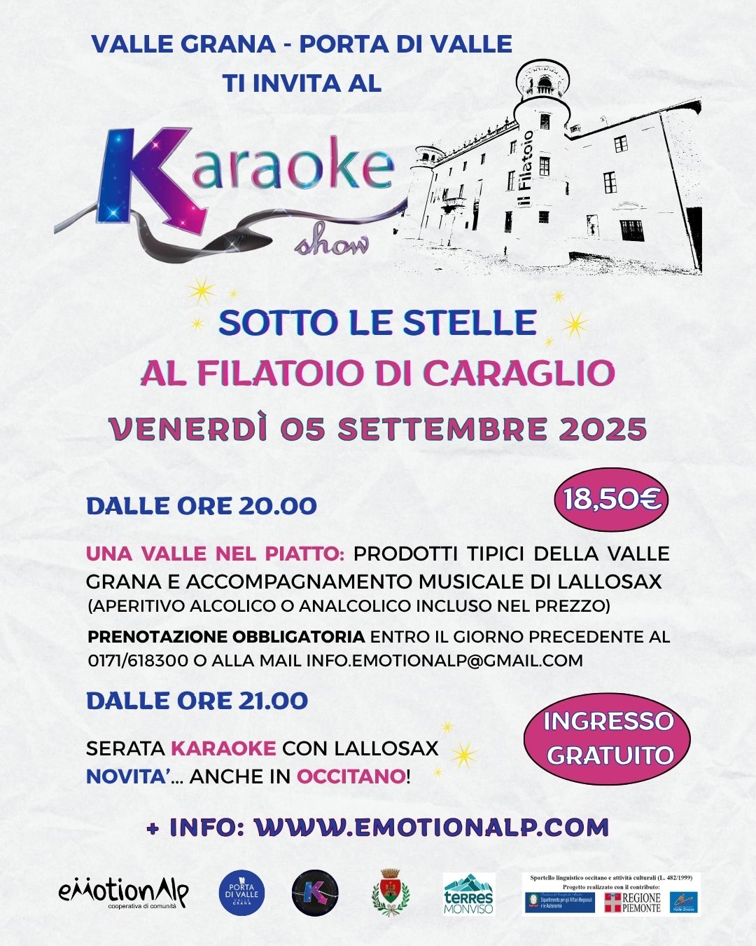 Apericena e karaoke (anche occitano) sotto le stelle - Filatoio di Caraglio - Via Matteotti, 40, Caraglio (CN) - La Porta di Valle propone per 𝘃𝗲𝗻𝗲𝗿𝗱ì 𝟱 𝘀𝗲𝘁𝘁𝗲𝗺𝗯𝗿𝗲 una serata speciale in una location speciale: 𝗮𝗽𝗲𝗿𝗶𝗰𝗲𝗻𝗮 "𝗨𝗻𝗮 𝗩𝗮𝗹𝗹𝗲 𝗻𝗲𝗹 𝗽𝗶𝗮𝘁𝘁𝗼" con prodotti tipici d...