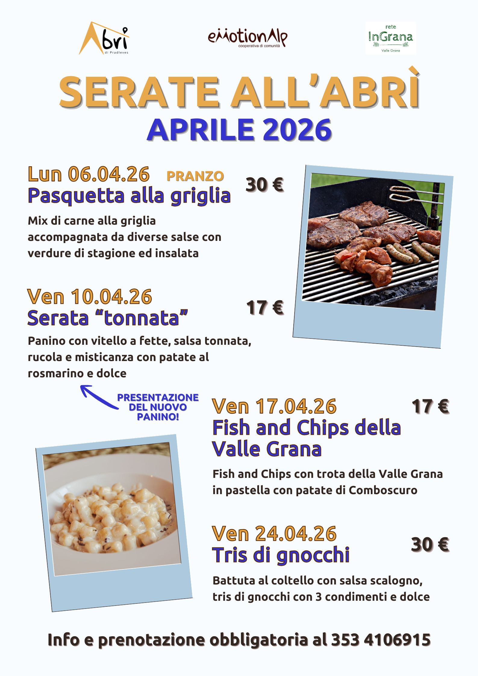 SERATE GASTRONOMICHE ALL'ABRI' - Serata "tonnata" - Via Vittorio Nazzari, 3, Pradleves (CN) - 


 𝗦𝗲𝗿𝗮𝘁𝗮 𝘁𝗼𝗻𝗻𝗮𝘁𝗮
 Venerdì 10 aprile 2026
 


Con la serata del 10 aprile ti presenteremo la novità 2026 del nostro menù!
Si tratta di un panino con...