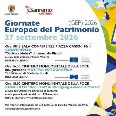 Giornate Europee del Patrimonio - Centro citta', Sanremo (IM) - Giornate Europee del Patrimonio
27 settembre 2026
Ore 10/13 SALA CONFERENZE PIAZZA CASSINI 10/11
CONFERENZA
“Scultura ideista” di Leonardo Bistolf...